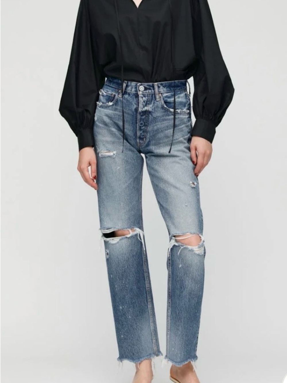 Moussy Distressed Straight-Leg Jeans in Blue Wash